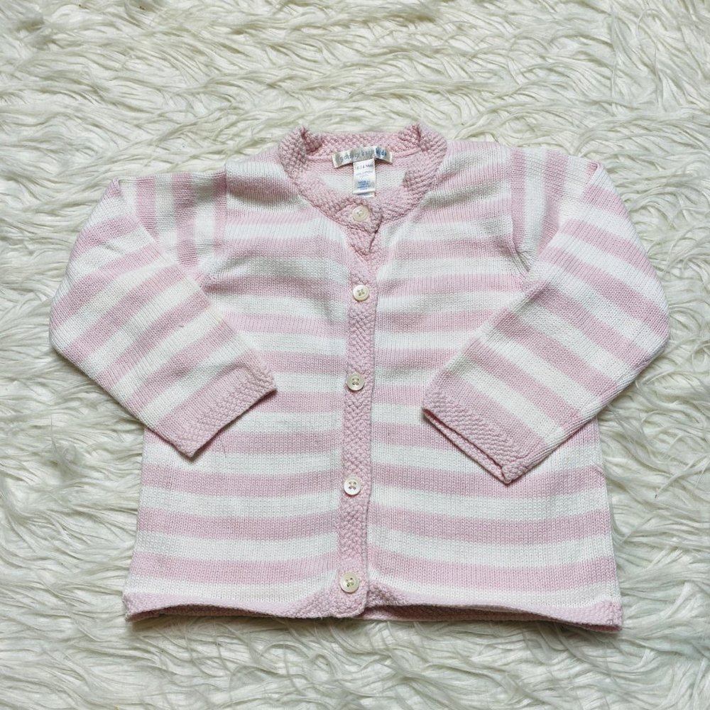 Pottery Barn Kids Sweater Baby Pink White Cotton Striped Cardigan 18-24 Mo